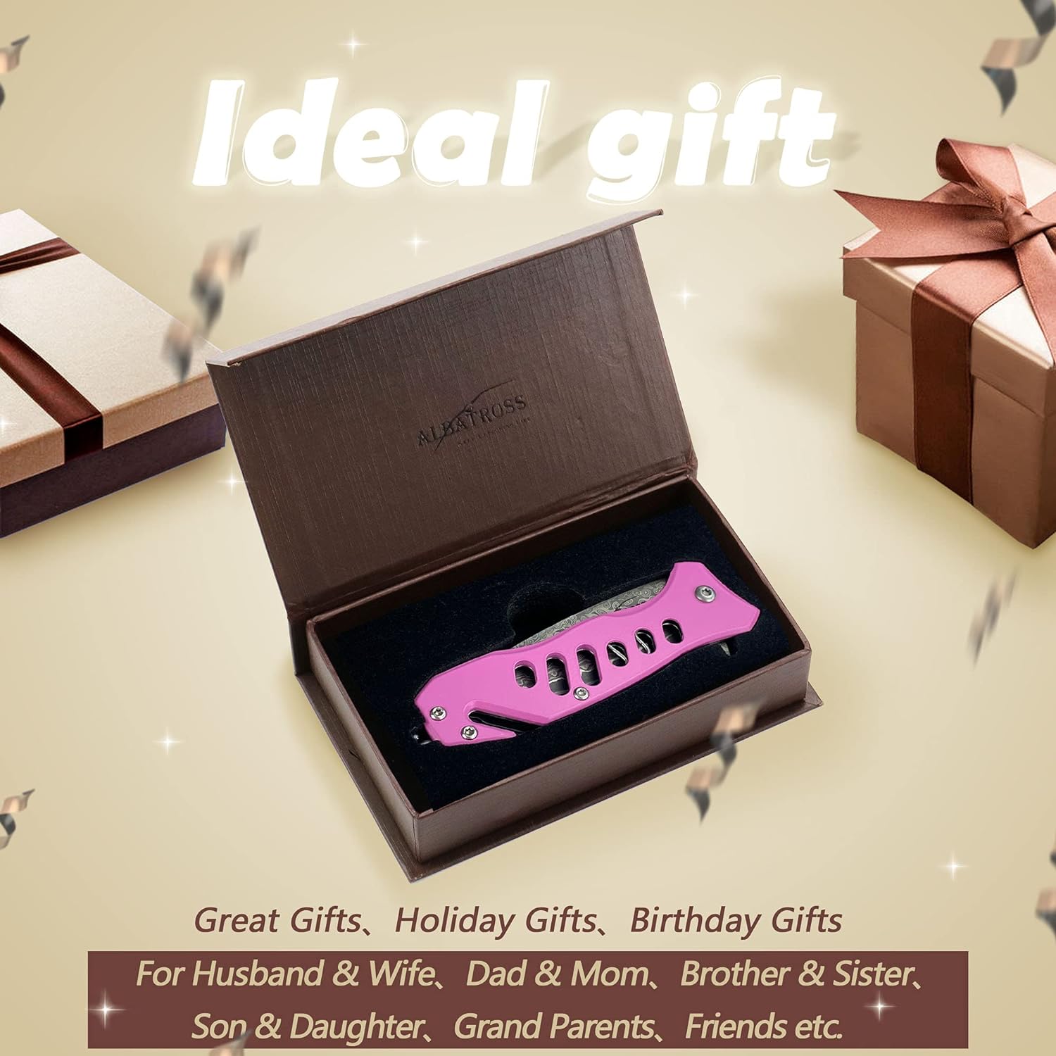 ALBATROSS FK003 Pink EDC Damascus Steel Tactical Folding Pocket Knife,SpeedSafe Spring Assisted Opening Knifes with Liner Lock,Pocketclip,Glass Breaker,Seatbelt Cutter