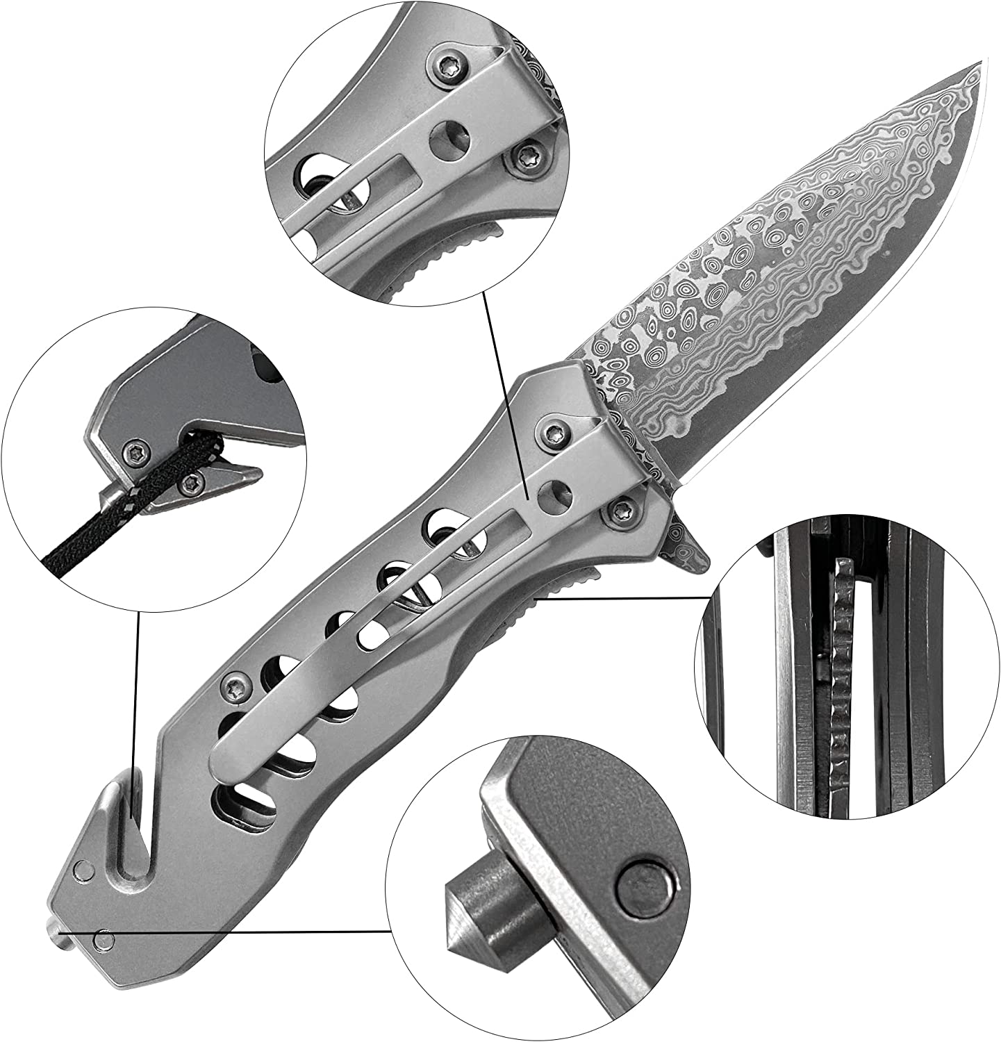ALBATROSS FK003 Gray EDC Damascus Steel Tactical Folding Pocket Knife,SpeedSafe Spring Assisted Opening Knifes with Liner Lock,Pocketclip,Glass Breaker,Seatbelt Cutter