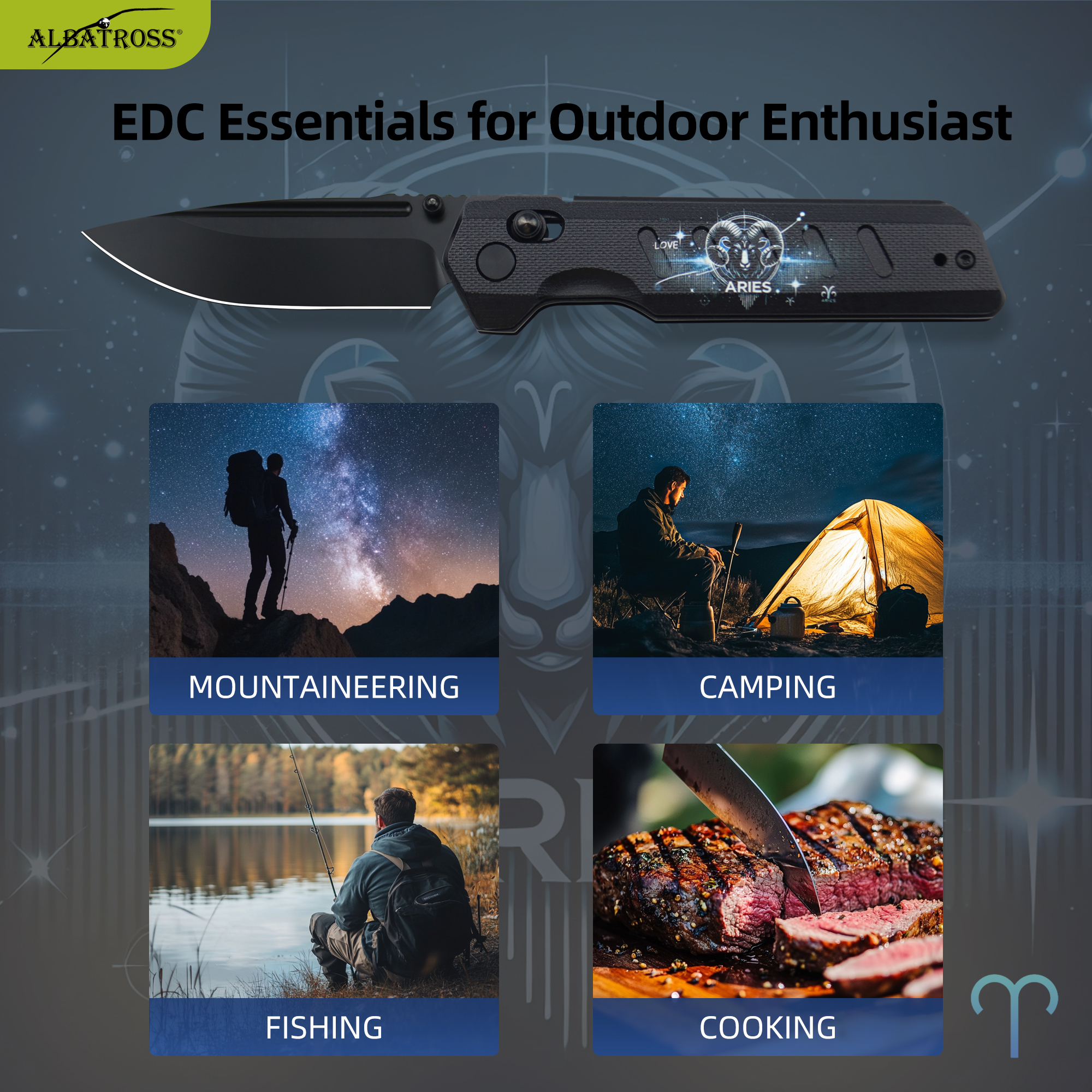 ALBATROSS Aries VG10 Steel Pocket Folding Knife - 4.3" G10 Handle, Axis Lock, EDC Camping Hunting, Zodiac Collection Gift