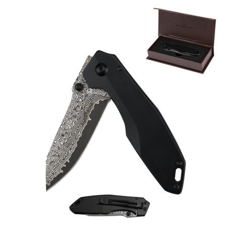 ALBATROSS 7'' HGDK027 VG10 Damascus Steel Folding Pocket Knife with Retro Blackwash Handle, EDC Knife with Liner Lock