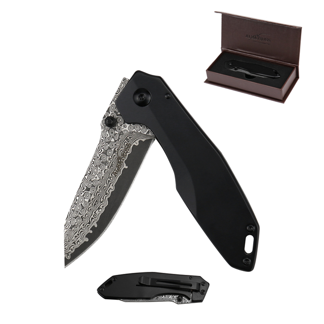 ALBATROSS 7'' HGDK027 VG10 Damascus Steel Folding Pocket Knife with Retro Blackwash Handle, EDC Knife with Liner Lock