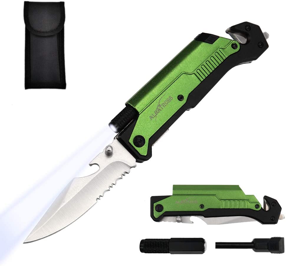 ALBATROSS 6-in-1 Survival Tactical Folding Pocket Knife with LED Light, Seatbelt Cutter, Glass Breaker, and Fire Starter (GREEN-SA)