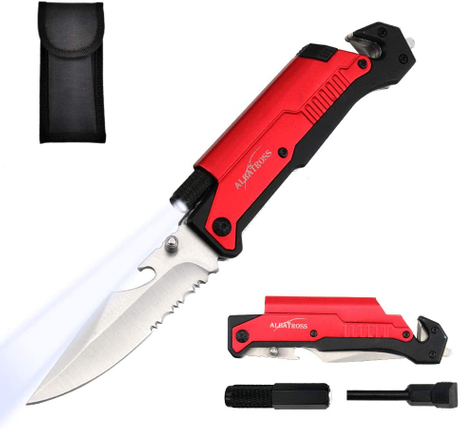 ALBATROSS 6-in-1 Survival Tactical Folding Pocket Knife with LED Light, Seatbelt Cutter, Glass Breaker, and Fire Starter (RED-SA)