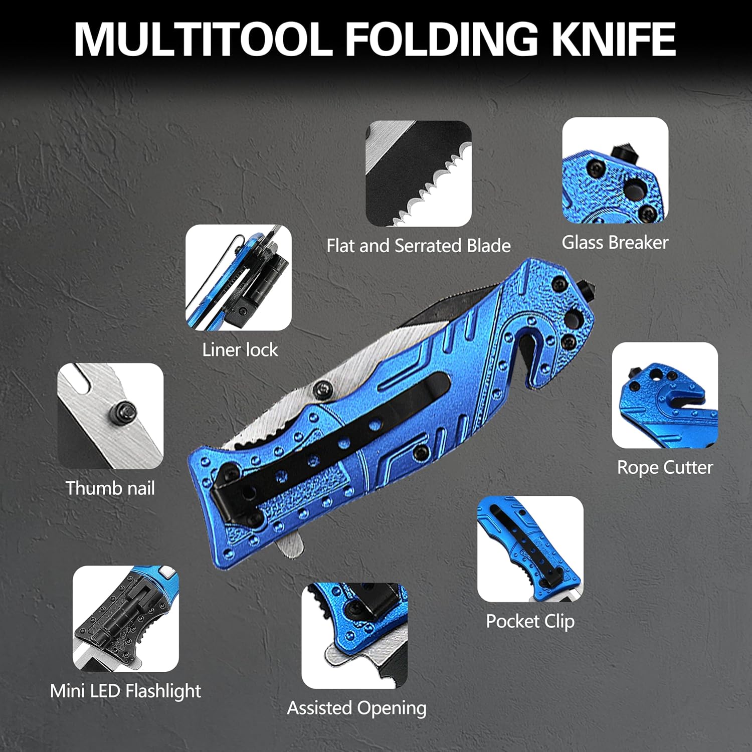 ALBATROSS FK017 EDC 5-in-1 Tactical Knife Outdoor Multi-Functional Tool with Glass Breaker, Seatbelt Cutter, Serrated Blade, Flashlight, and Carrying Bag
