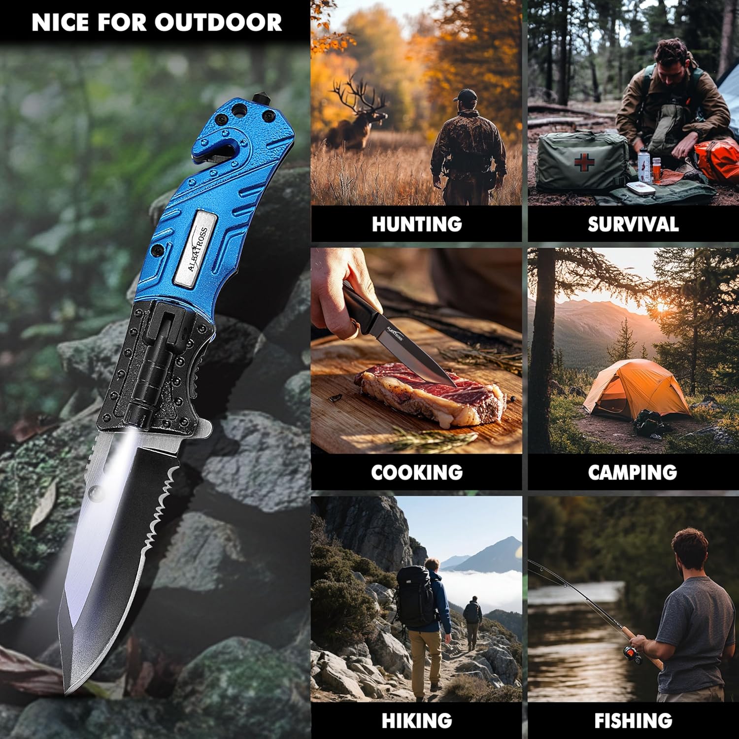 ALBATROSS FK017 EDC 5-in-1 Tactical Knife Outdoor Multi-Functional Tool with Glass Breaker, Seatbelt Cutter, Serrated Blade, Flashlight, and Carrying Bag