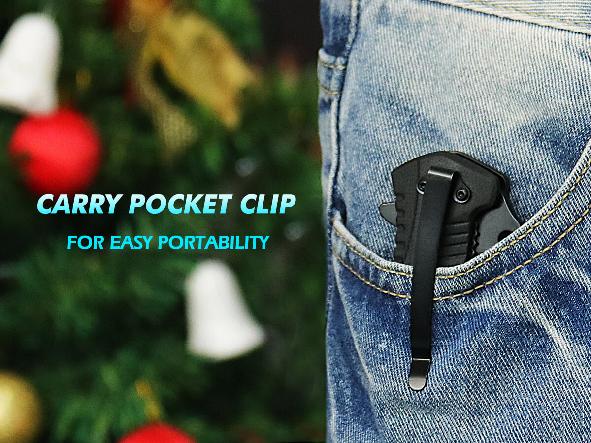 lightweight folding camping knife clipped to backpack