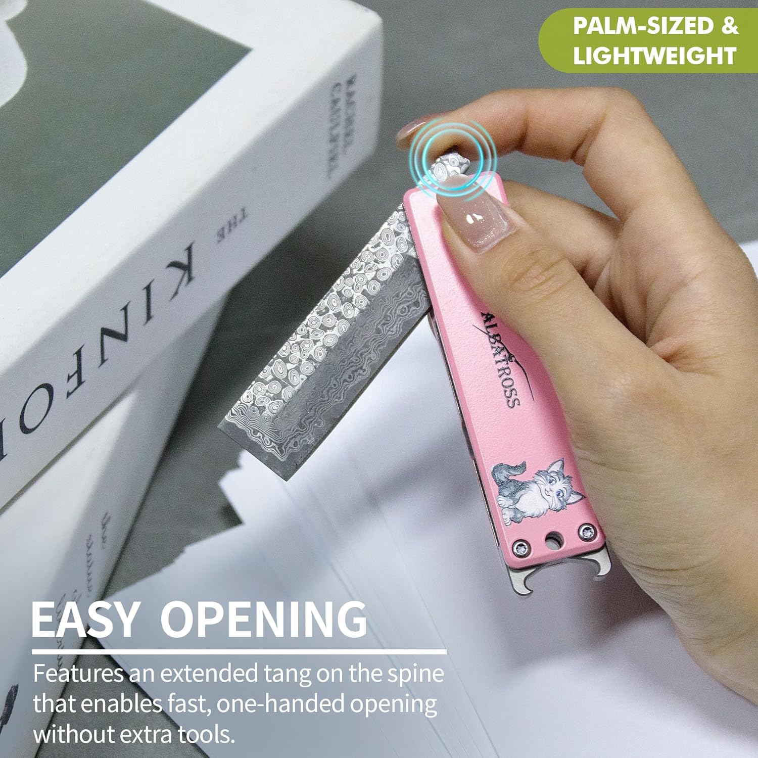 ALBATROSS Pink Damascus Folding Pocket Knife – Cute Cat Design EDC Knife for Women with Bottle Opener & Gift Box