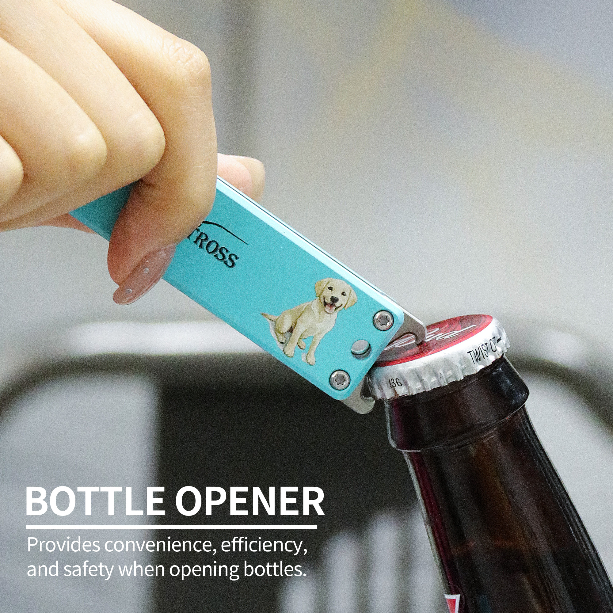 ALBATROSS Blue Damascus Cute Dog Pattern Pocket Knife - 3.5" Titanium Alloy, Box Cutter - Edc Keychain Gadgets with Bottle Opener, Christmas Gift for Cat Lovers