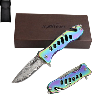 ALBATROSS FK003 Color EDC Damascus Steel Tactical Folding Pocket Knife,SpeedSafe Spring Assisted Opening Knifes with Liner Lock,Pocketclip,Glass Breaker,Seatbelt Cutter