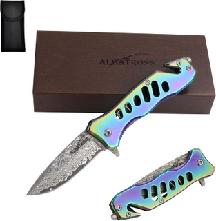 ALBATROSS FK003 Color EDC Damascus Steel Tactical Folding Pocket Knife,SpeedSafe Spring Assisted Opening Knifes with Liner Lock,Pocketclip,Glass Breaker,Seatbelt Cutter