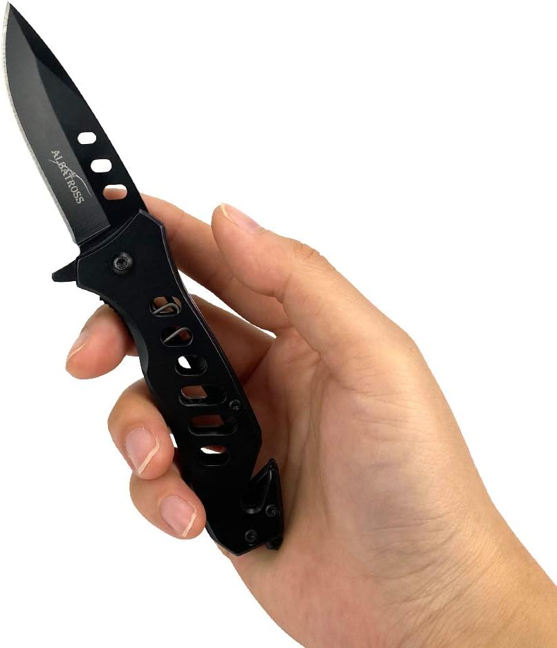 ALBATROSS FK003H Black EDC Stainless Steel Tactical Folding Pocket Knife,SpeedSafe Spring Assisted Opening Knifes with Liner Lock,Pocketclip,Glass Breaker,Seatbelt Cutter