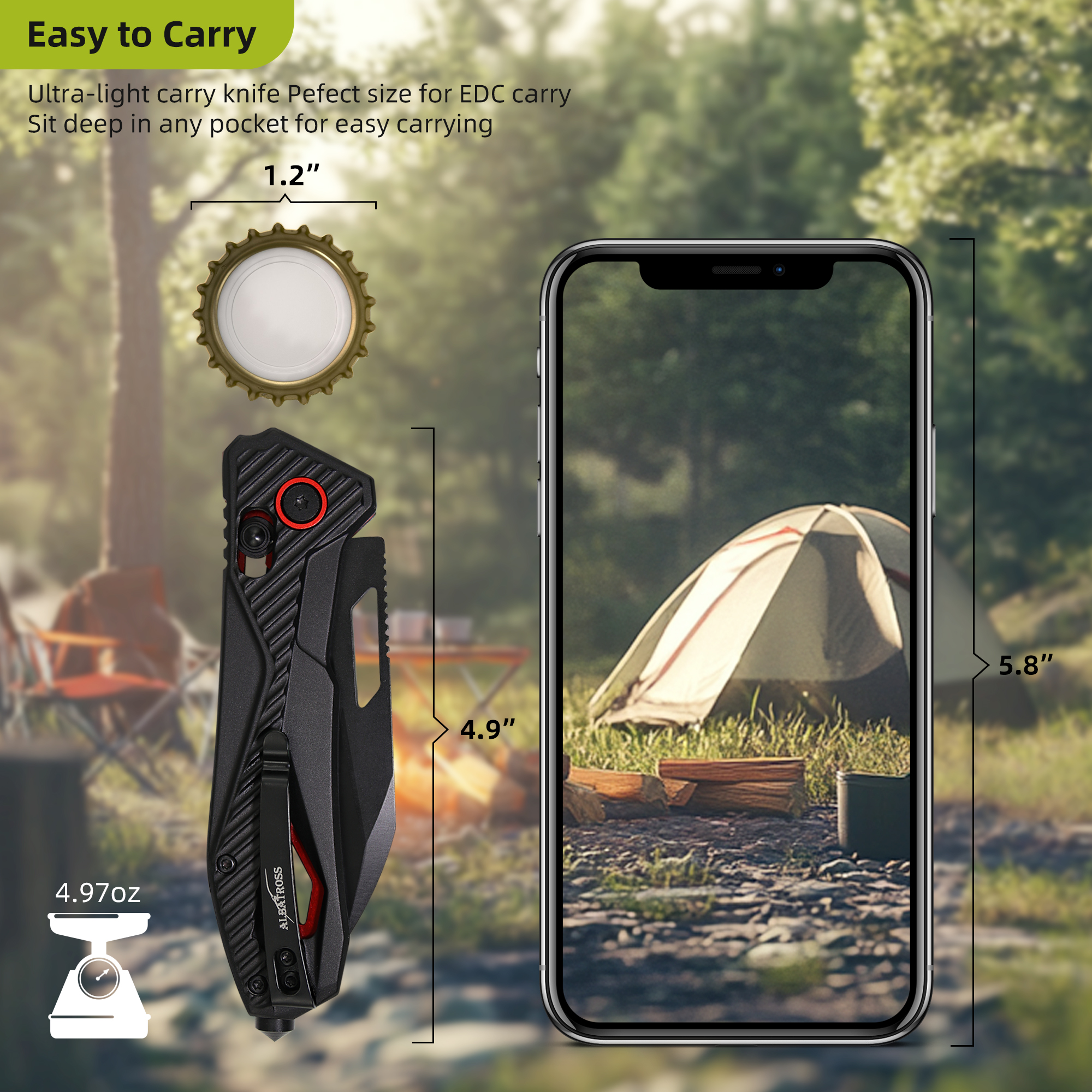7.6" Folding Pocket Knife, 2.7" Black Blade, Red Black Anodized Aluminum Handle with Axis Lock and Glass Breaker, Premium Gift Box