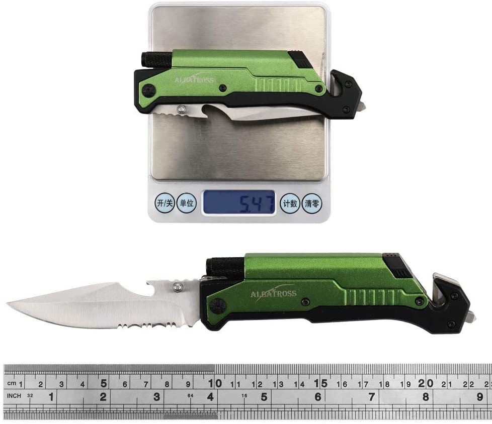 ALBATROSS 6-in-1 Survival Tactical Folding Pocket Knife with LED Light, Seatbelt Cutter, Glass Breaker, and Fire Starter (GREEN-SA)