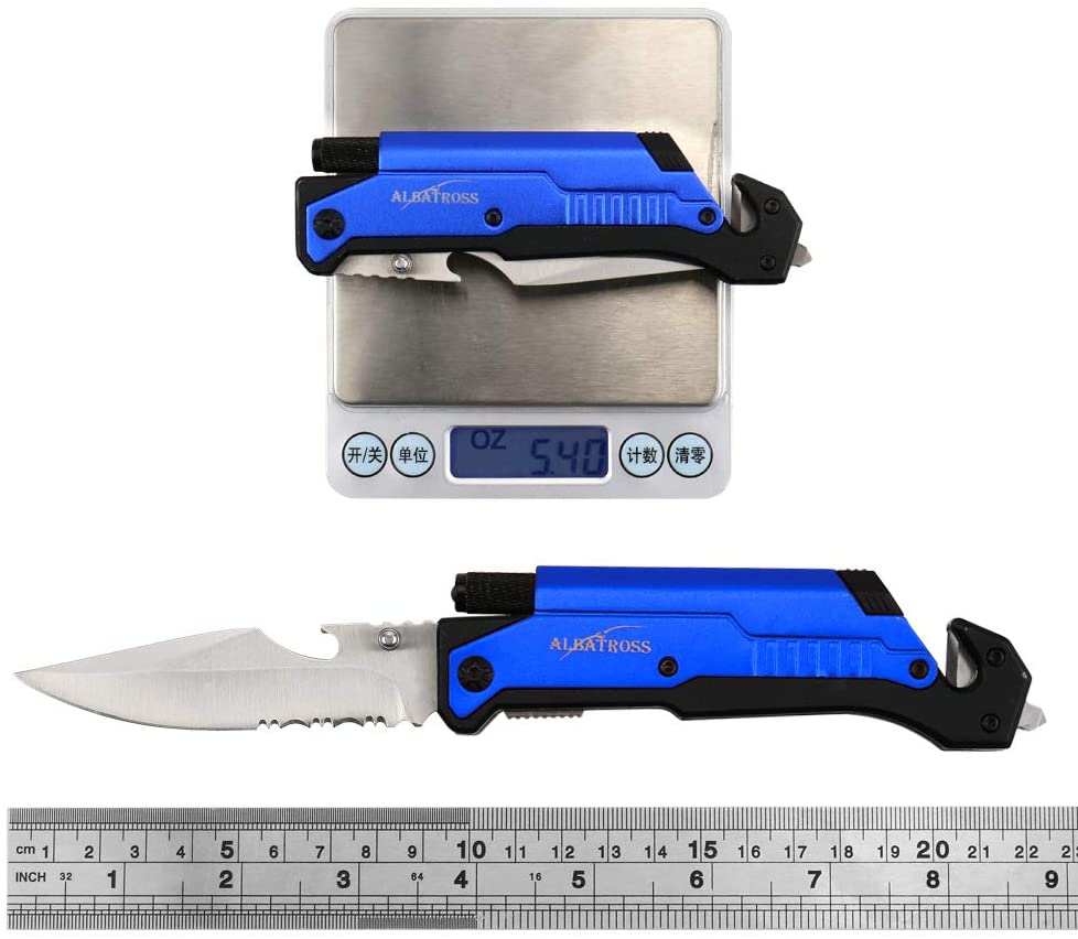 ALBATROSS 6-in-1 Survival Tactical Folding Pocket Knife with LED Light, Seatbelt Cutter, Glass Breaker, and Fire Starter (BLUE-SA)
