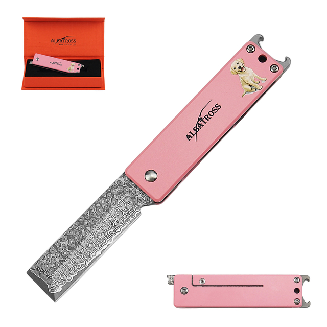 ALBATROSS Pink Damascus Folding Pocket Knife – Cute Dog Design EDC Knife for Women with Bottle Opener & Gift Box