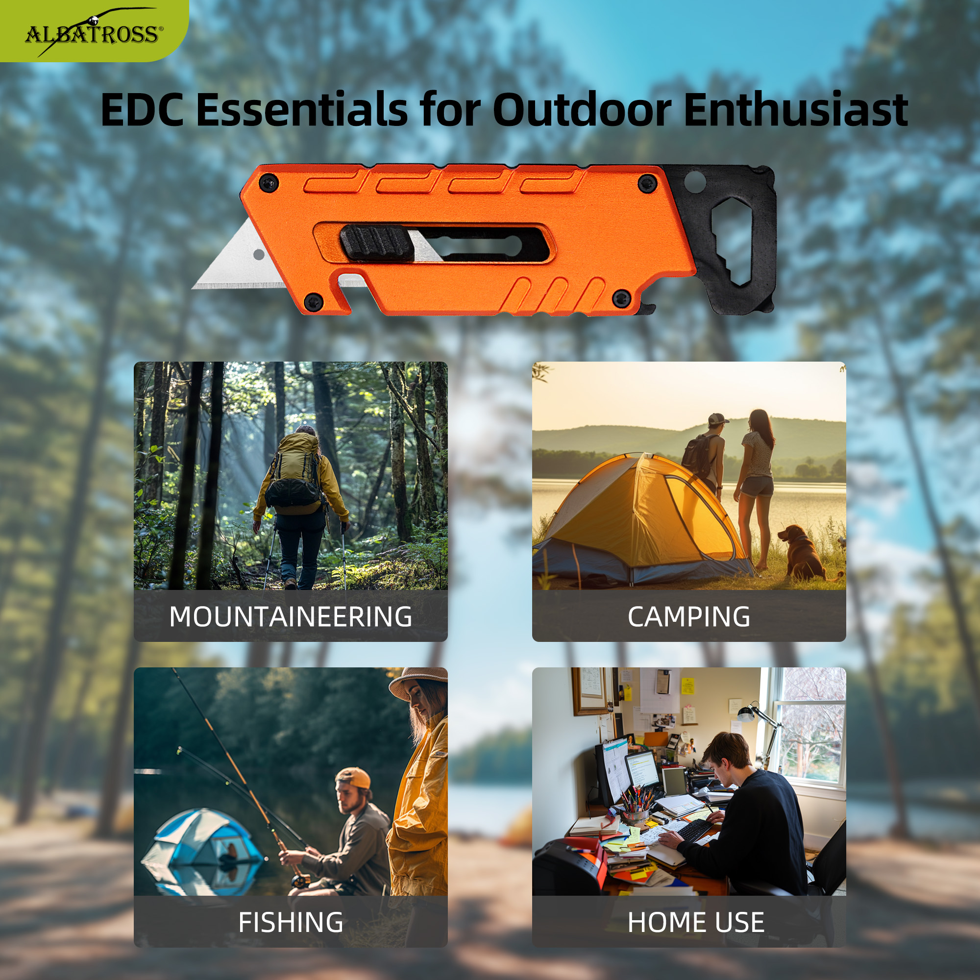 ALBATROSS Utility Knife - Multi-Tool with 3 SK5 Replaceable Blades, Screwdrivers, Wrench, Rope Cutter, and Bottle Opener, Aluminum Handle (Orange)