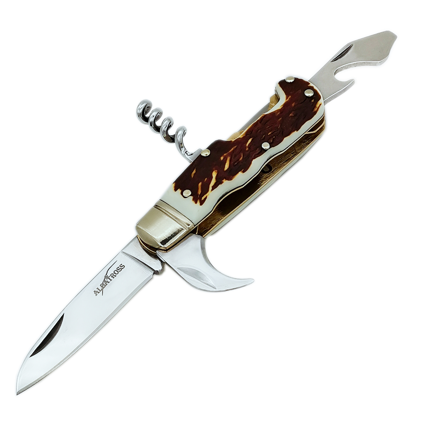 ALBATROSS FK027 4 in 1 Folding Pocket Knife with Back Lock,Wine Opener,Foil Cutter,Beer Opener