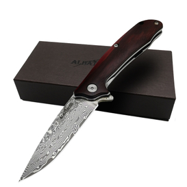 EDC Damascus Folding Pocket Knife with Red Sandalwood Handle