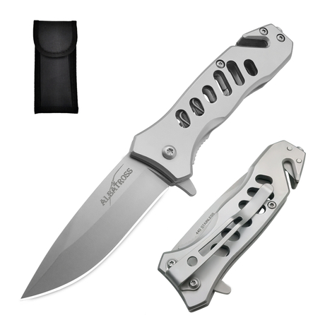 ALBATROSS FK003 Gray EDC Stainless Steel Tactical Folding Pocket Knife,SpeedSafe Spring Assisted Opening Knifes with Liner Lock,Pocketclip,Glass Breaker,Seatbelt Cutter