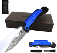 ALBATROSS 6-in-1 Damascus Steel Folding Pocket Knife with LED Light, Seatbelt Cutter, Glass Breaker, Fire Starter, Bottle Opener - Multi-Function Emergency Tool (Blue-3)