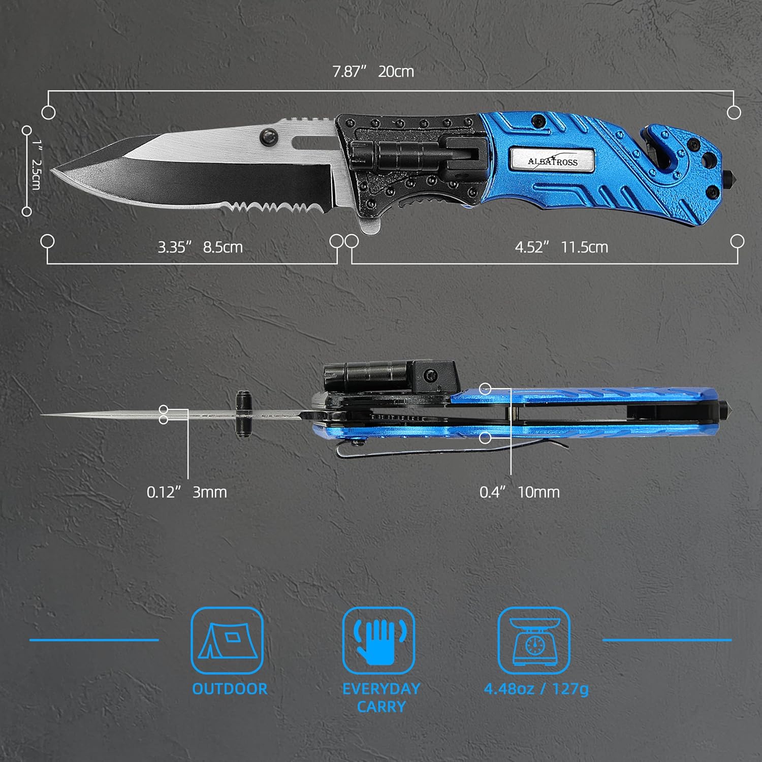 ALBATROSS FK017 EDC 5-in-1 Tactical Knife Outdoor Multi-Functional Tool with Glass Breaker, Seatbelt Cutter, Serrated Blade, Flashlight, and Carrying Bag