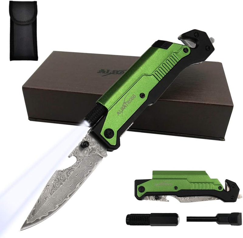 ALBATROSS 6-in-1 Damascus Steel Folding Pocket Knife with LED Light, Seatbelt Cutter, Glass Breaker, Fire Starter, Bottle Opener - Multi-Function Emergency Tool (GREEN)