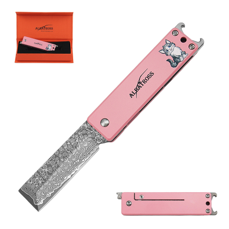 ALBATROSS Pink Damascus Folding Pocket Knife – Cute Cat Design EDC Knife for Women with Bottle Opener & Gift Box