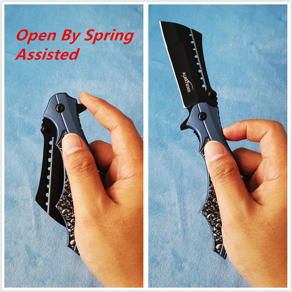 ALBATROSS FK006-BE Folding Pocket Knife, 3" Black Blade, 4.75" Aluminum Handle with the skull pattern, Liner Lock