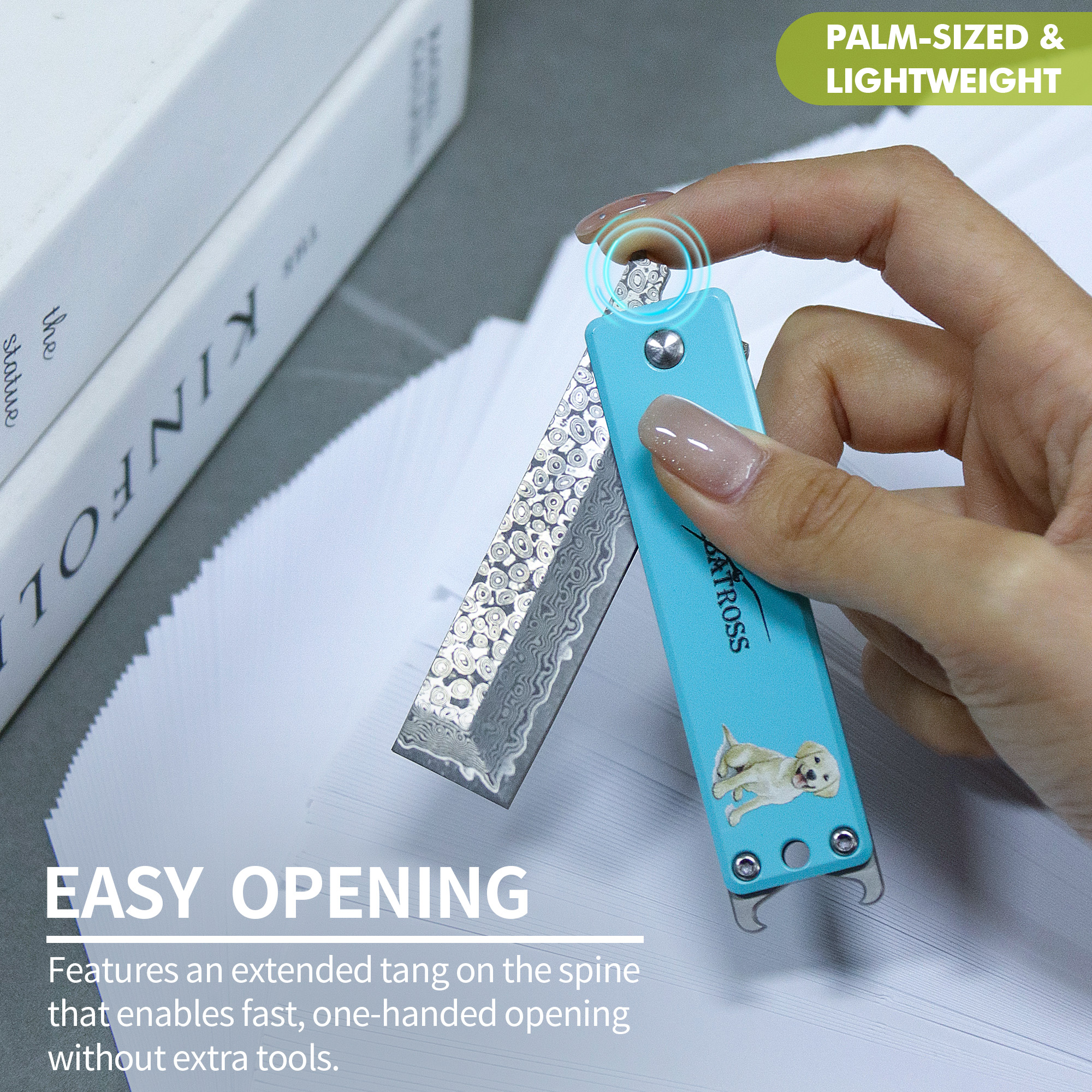 ALBATROSS Blue Damascus Cute Dog Pattern Pocket Knife - 3.5" Titanium Alloy, Box Cutter - Edc Keychain Gadgets with Bottle Opener, Christmas Gift for Cat Lovers