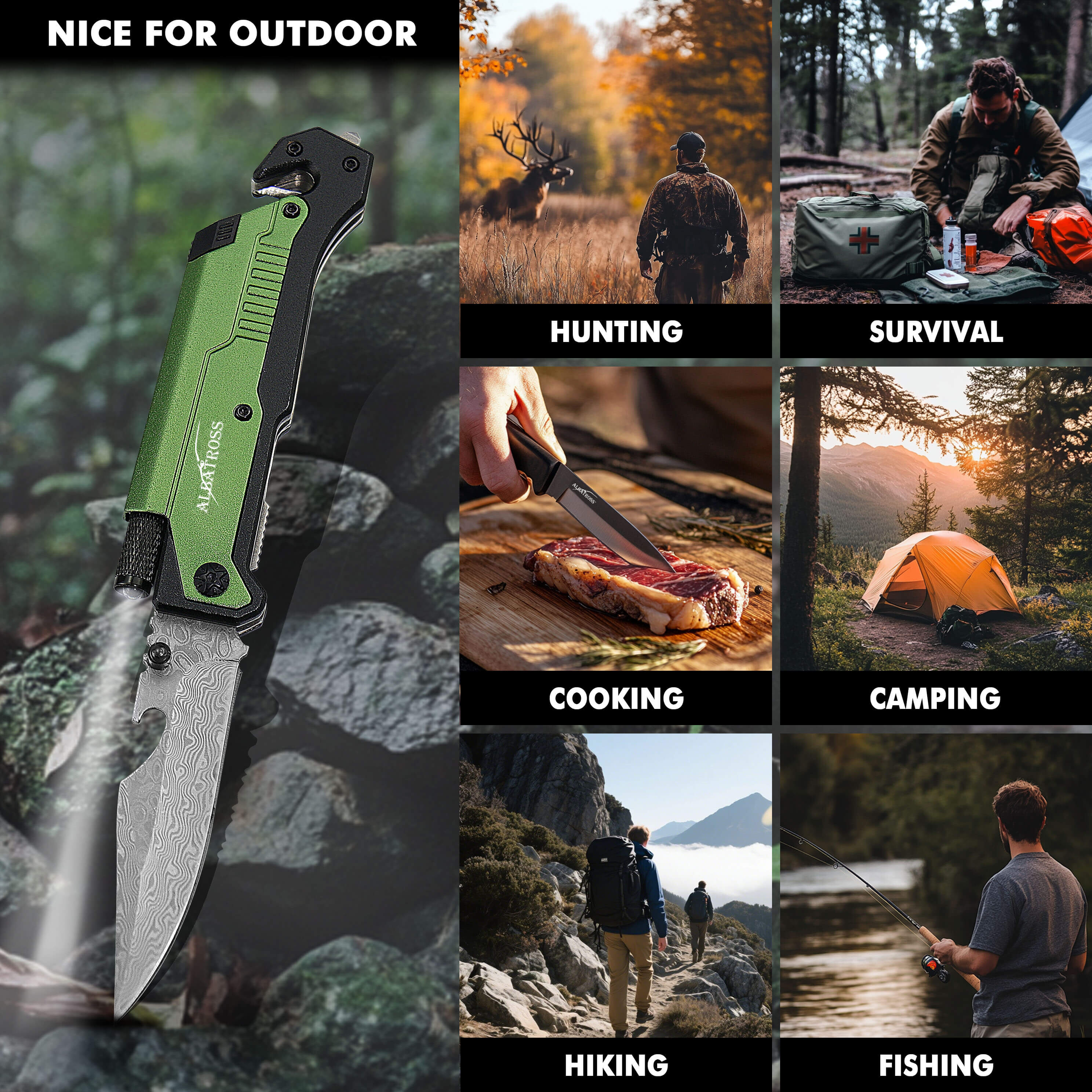 Damascus Folding Pocket Knife with LED Light - 6-in-1 Multi-Function for EDC