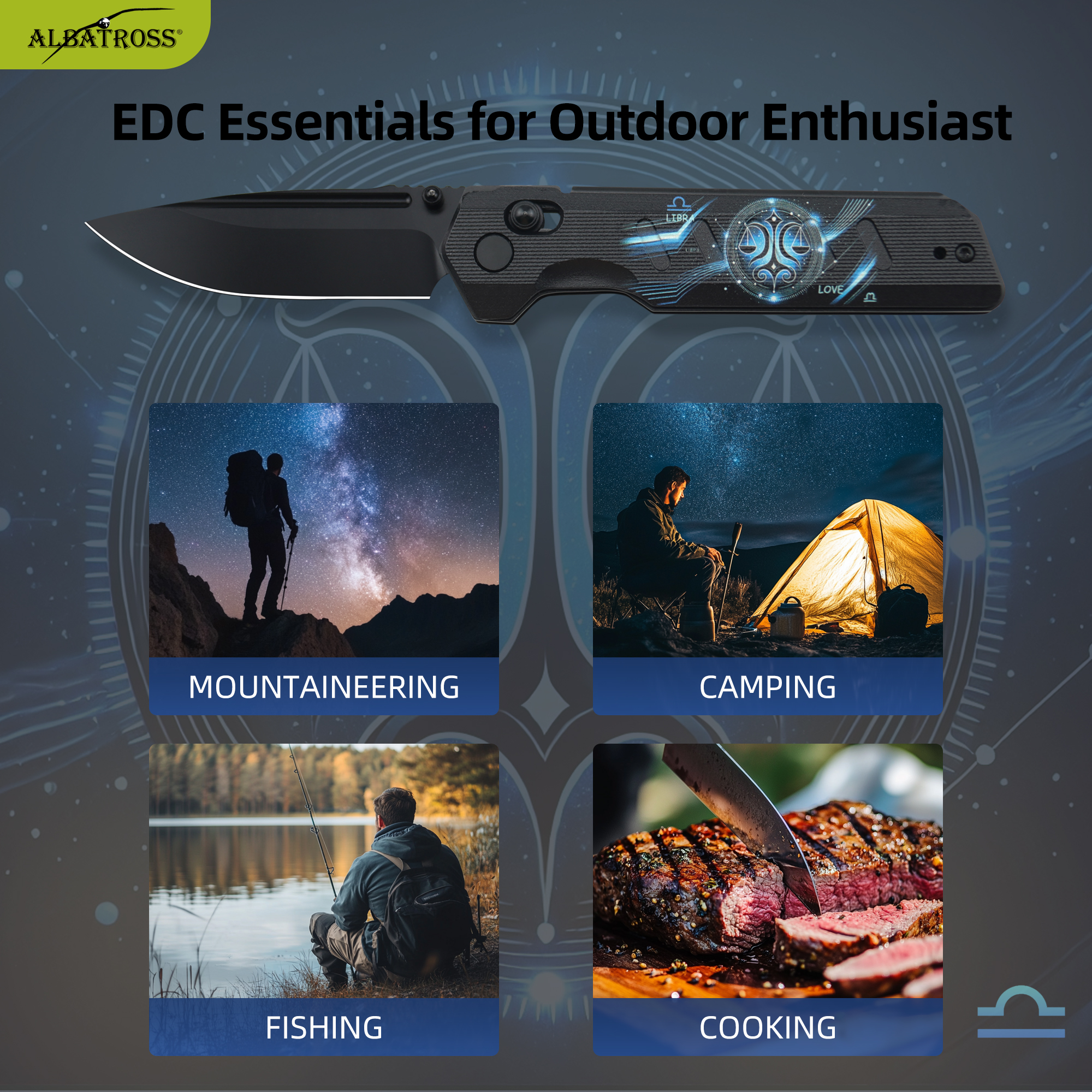 ALBATROSS Libra VG10 Steel Pocket Folding Knife - 4.3" G10 Handle, Axis Lock, EDC Camping Hunting, Zodiac Collection Gift, Handmade Gift Box