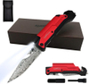 ALBATROSS 6-in-1 Damascus Steel Folding Pocket Knife with LED Light, Seatbelt Cutter, Glass Breaker, Fire Starter, Bottle Opener - Multi-Function Emergency Tool (RED)