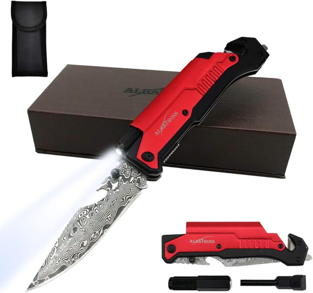 ALBATROSS 6-in-1 Damascus Steel Folding Pocket Knife with LED Light, Seatbelt Cutter, Glass Breaker, Fire Starter, Bottle Opener - Multi-Function Emergency Tool (RED)