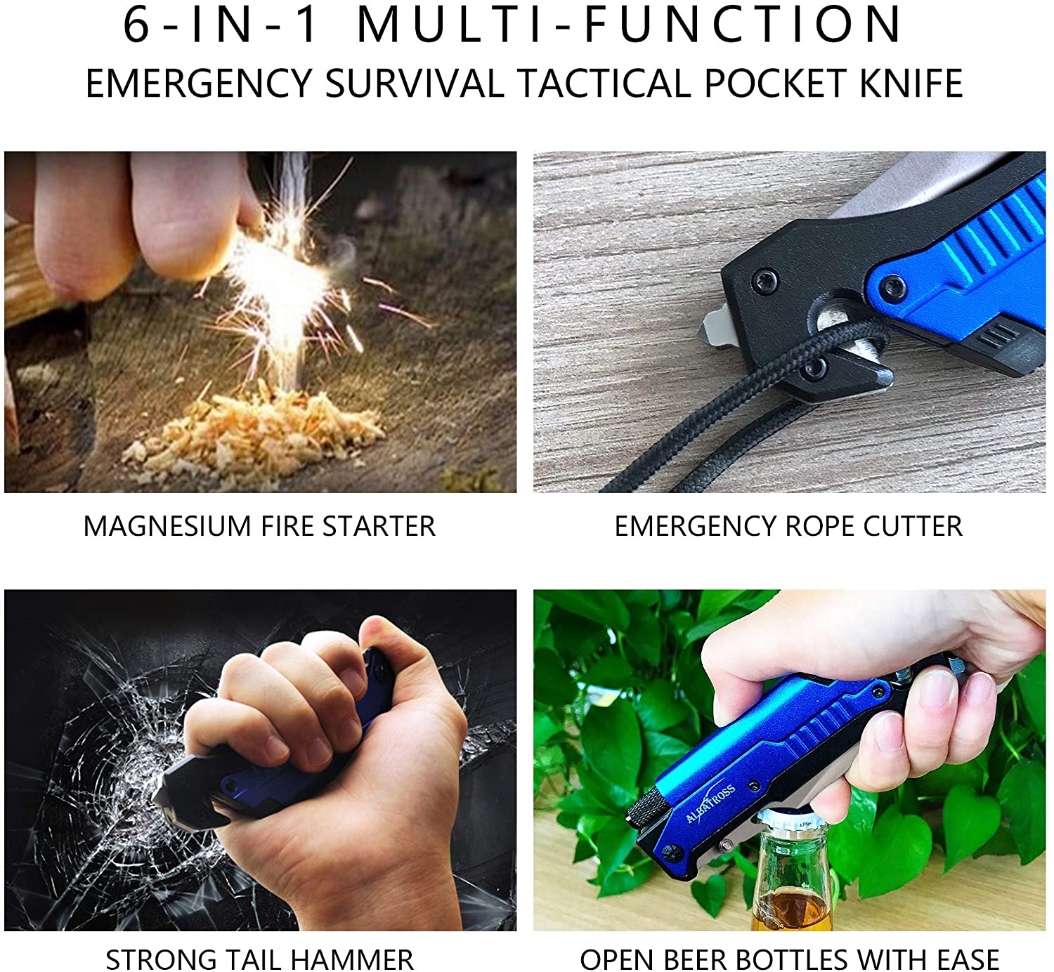 ALBATROSS 6-in-1 Survival Tactical Folding Pocket Knife with LED Light, Seatbelt Cutter, Glass Breaker, and Fire Starter (BLUE-SA)