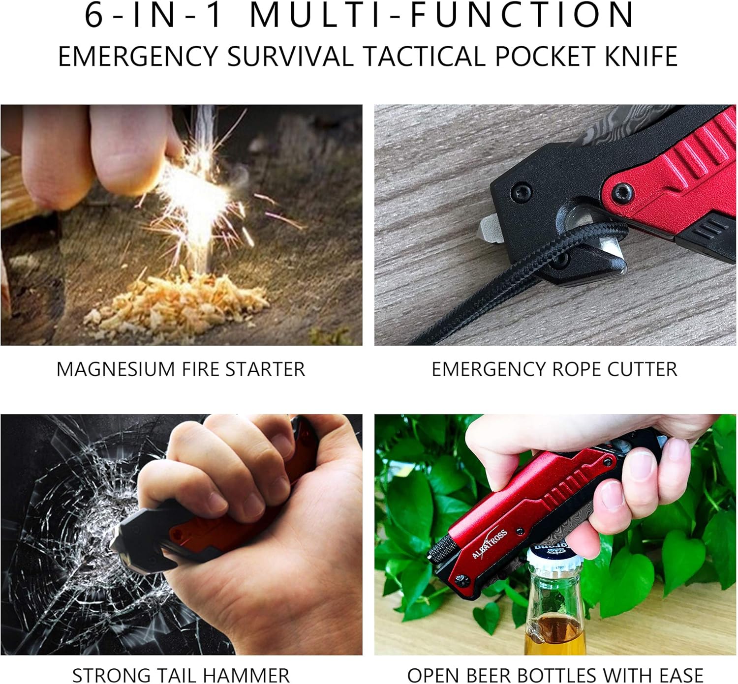 ALBATROSS 6-in-1 Damascus Steel Folding Pocket Knife with LED Light, Seatbelt Cutter, Glass Breaker, Fire Starter, Bottle Opener - Multi-Function Emergency Tool (RED)