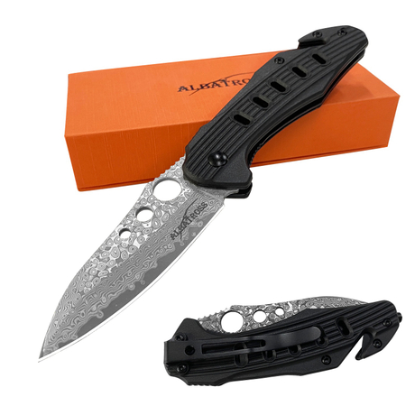 ALBATROSS folding knife for everyday use, modern damascus steel blade pocket knife with Seatbelt Cutter and Glass Breaker, 4" Ultra light to carry