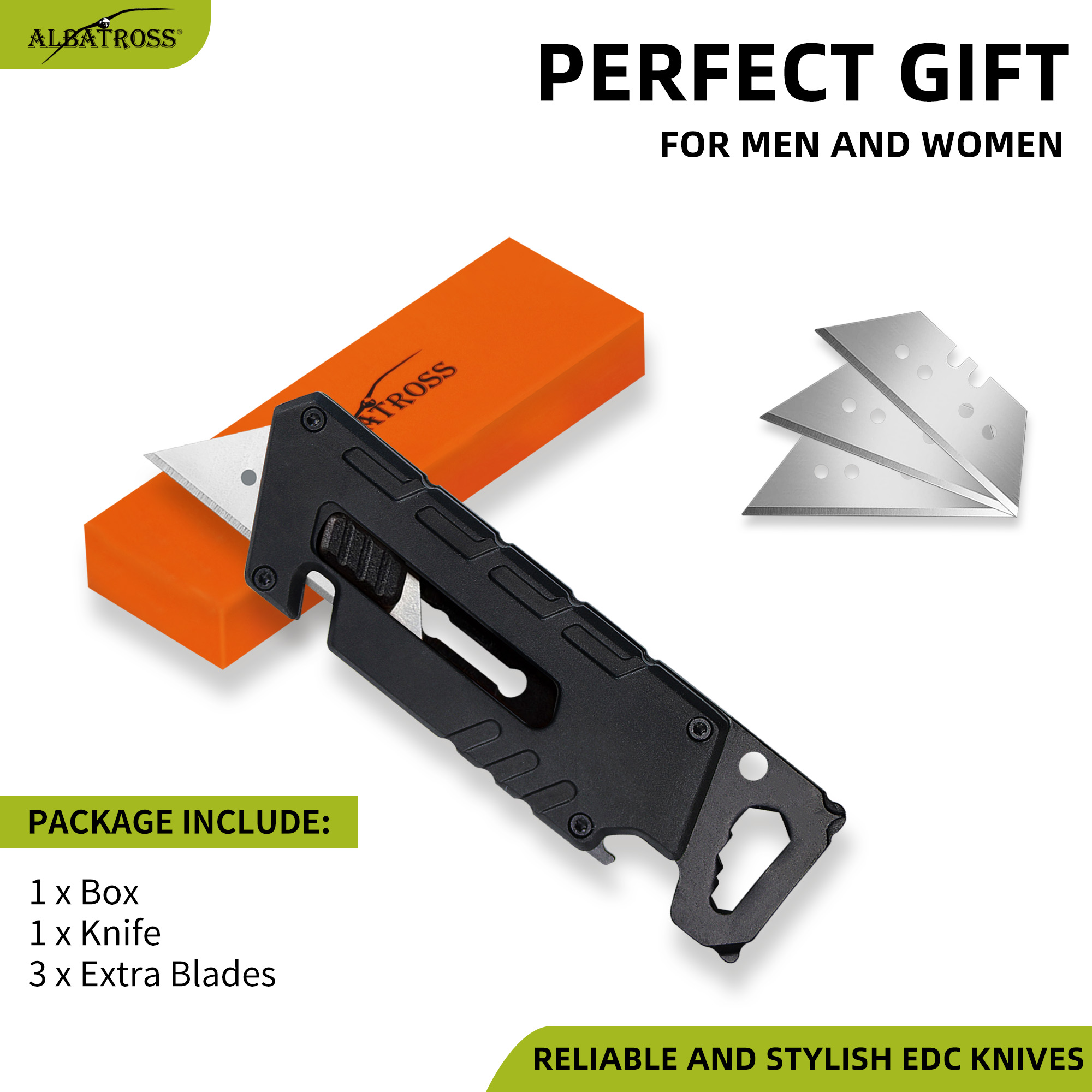 ALBATROSS Utility Knife - Multi-Tool with 3 SK5 Replaceable Blades, Screwdrivers, Wrench, Rope Cutter, and Bottle Opener, Aluminum Handle (Black)