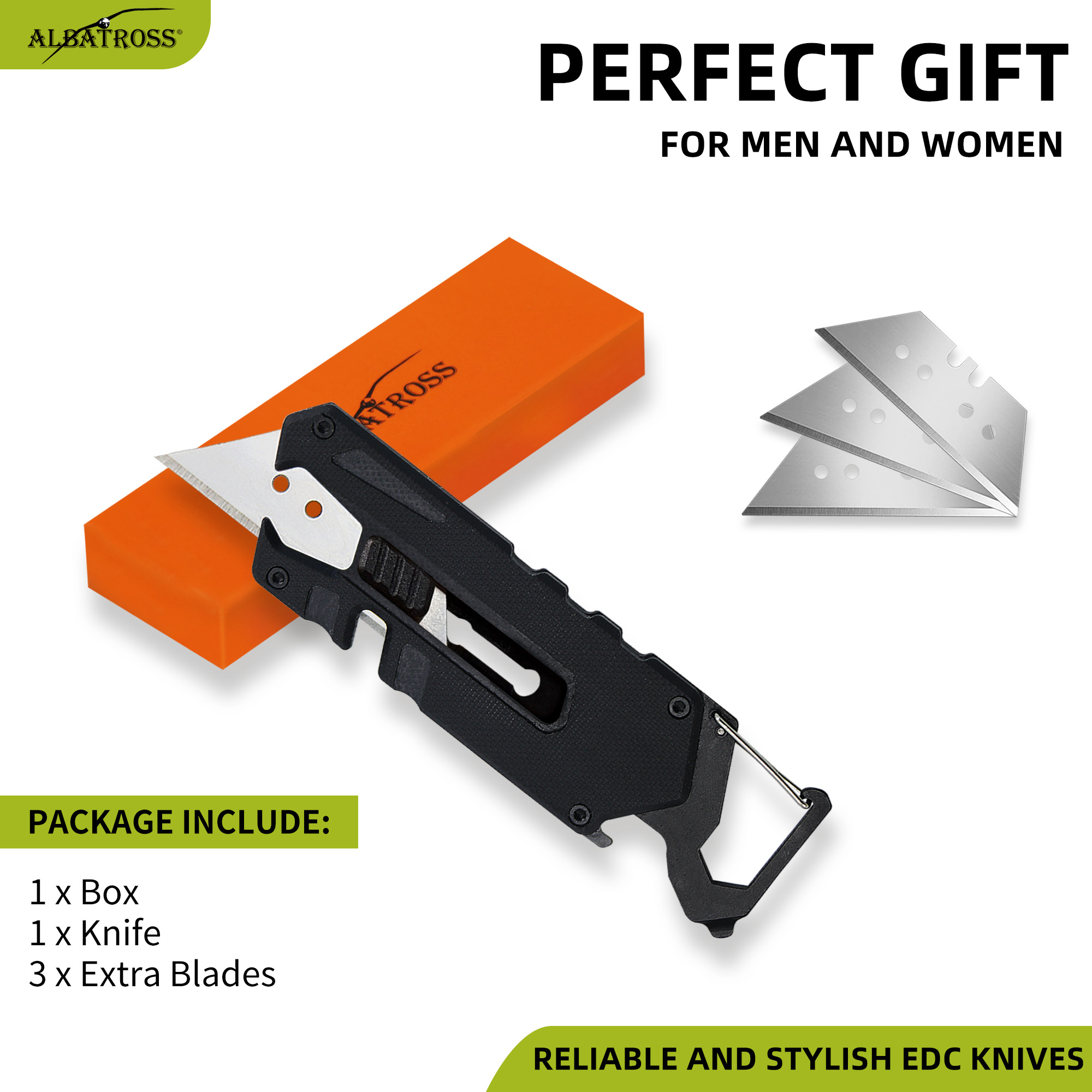 ALBATROSS Utility Knife - Multi-Tool with Replaceable Razor Blade, Screwdrivers, Rope Cutter, and Bottle Opener, G10 Handle, Includes 3 Extra Replacement Blades (Black)