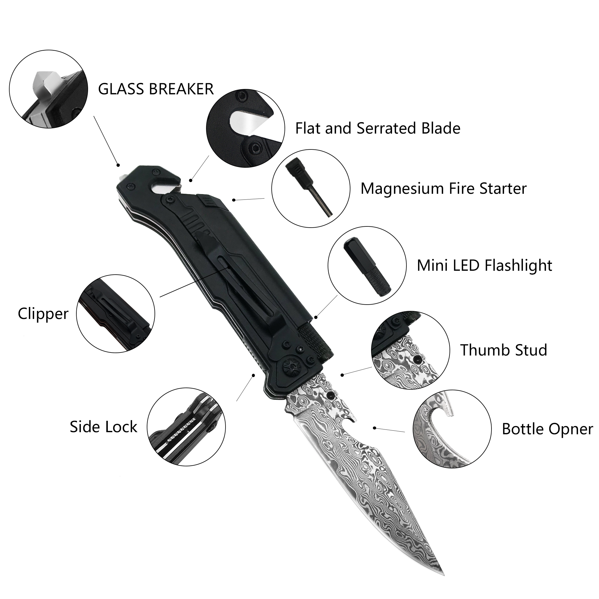 ALBATROSS FK001 Black Damascus 6-in-1 Multi-Function Emergency Tool Survival Tactical Military Folding Pocket Knife