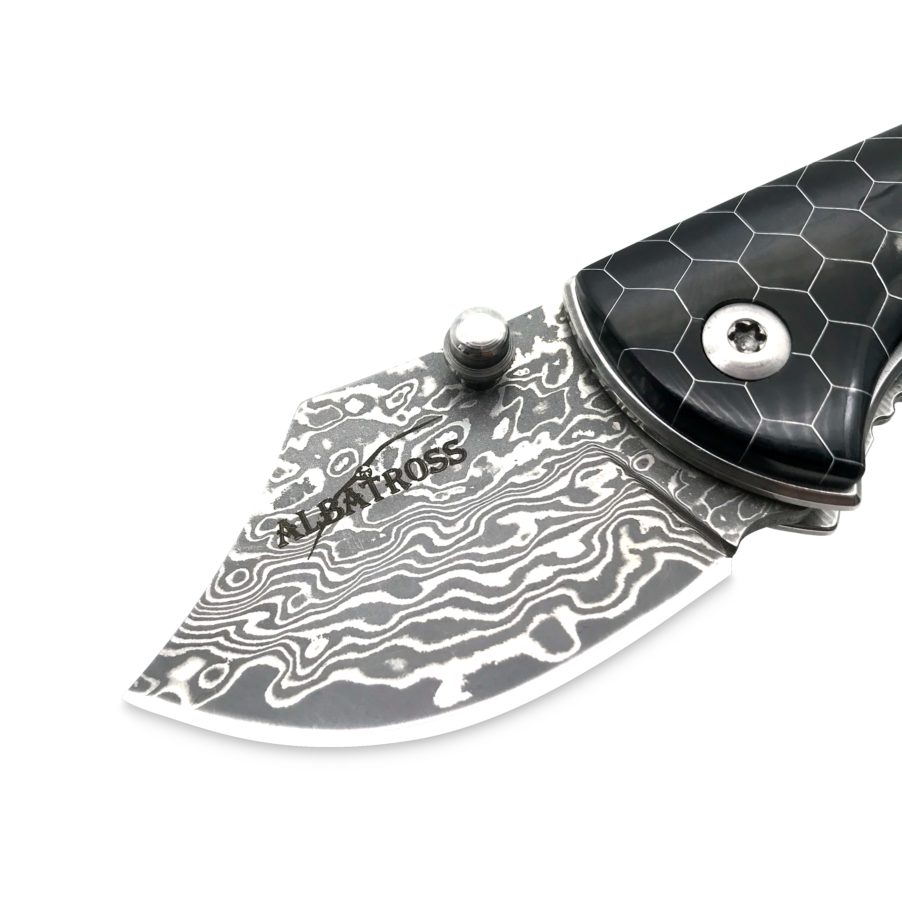 ALBATROSS HGDK022 EDC 1.75" Mini Black Resin Handle with Aluminum Mesh Honeycomb Pattern Camping Damascus Folding Pocket Knife