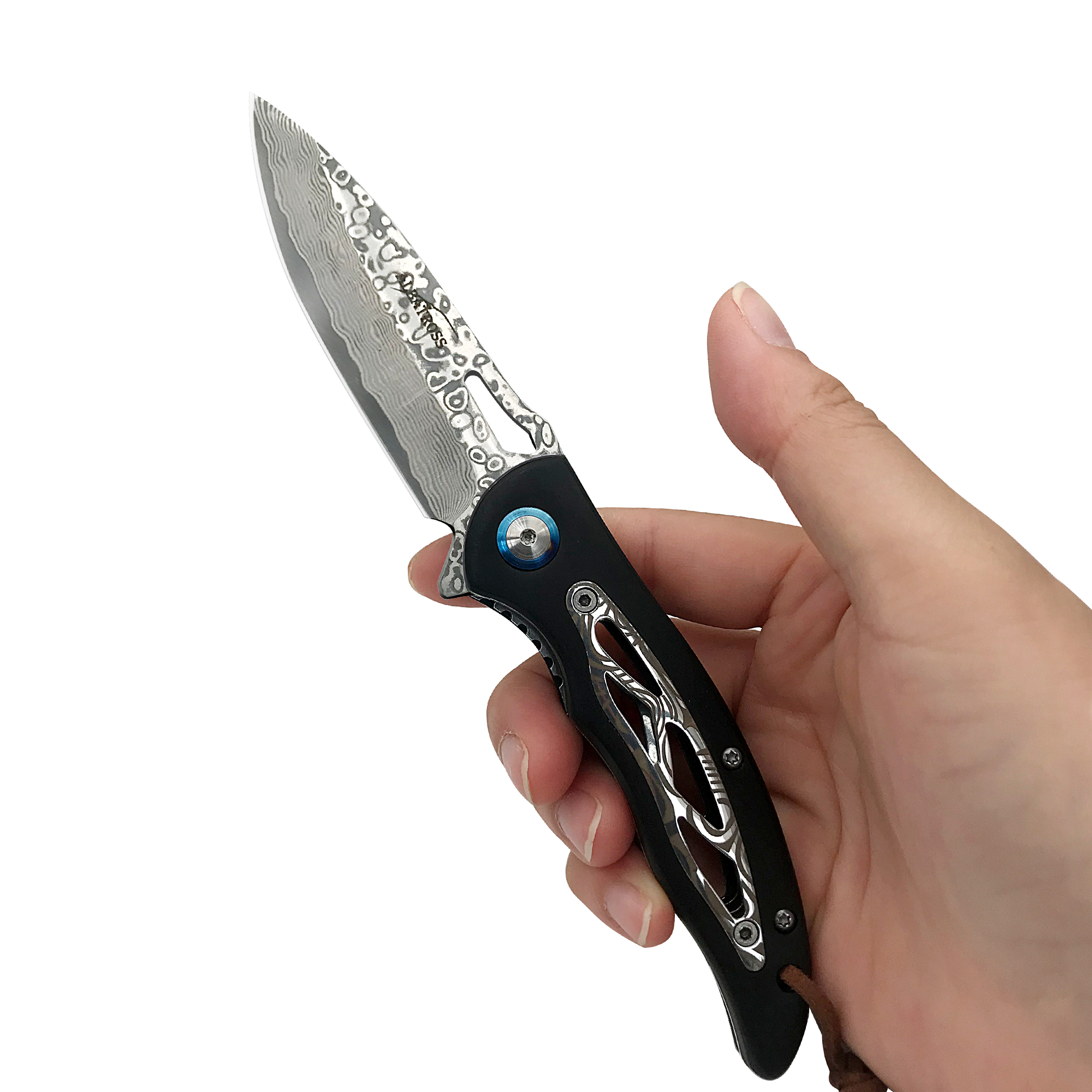 ALBATROSS Black Cool EDC Damascus Steel Folding Pocket Knife with Ebony Wood Handle for Camping Hiking