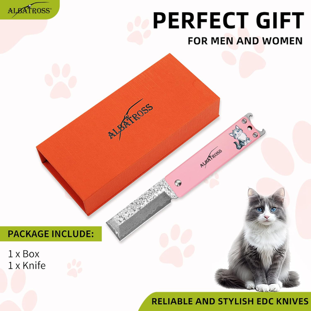 ALBATROSS Pink Damascus Folding Pocket Knife – Cute Cat Design EDC Knife for Women with Bottle Opener & Gift Box