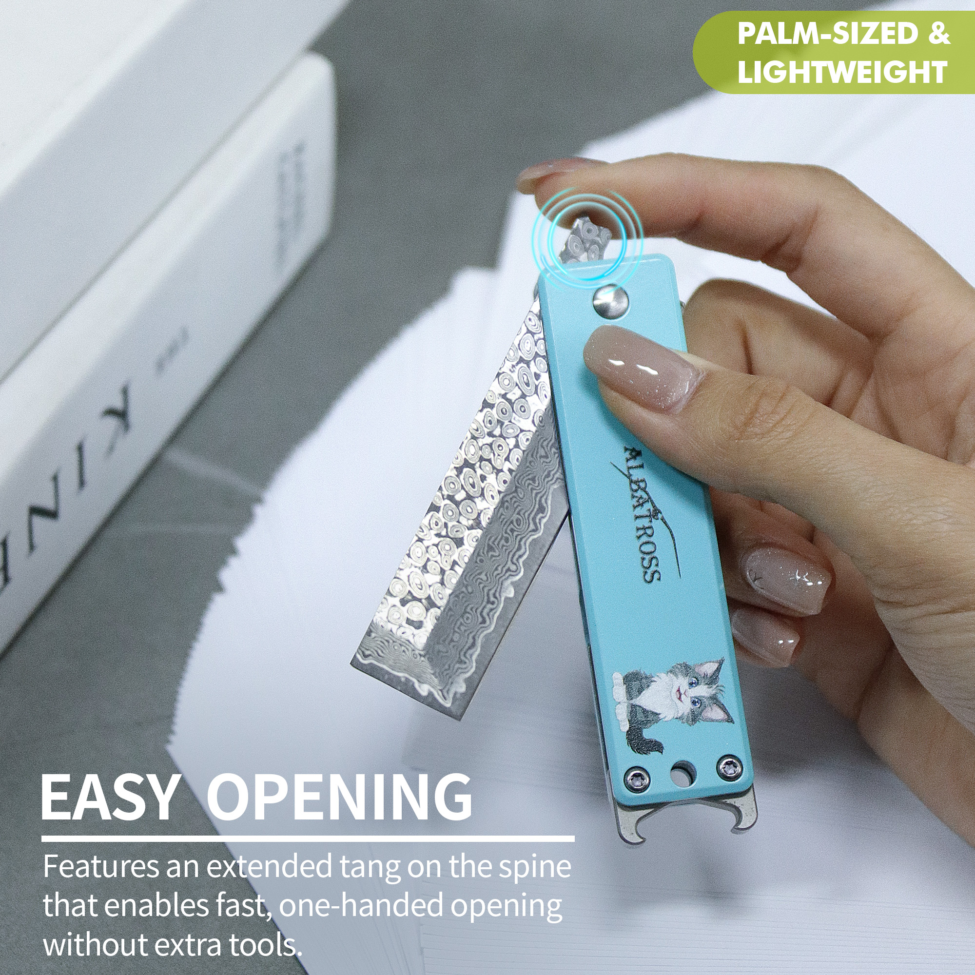 ALBATROSS Blue Damascus Cute Cat Pattern Pocket Knife - 3.5" Titanium Alloy, Box Cutter - Edc Keychain Gadgets with Bottle Opener, Christmas Gift for Cat Lovers