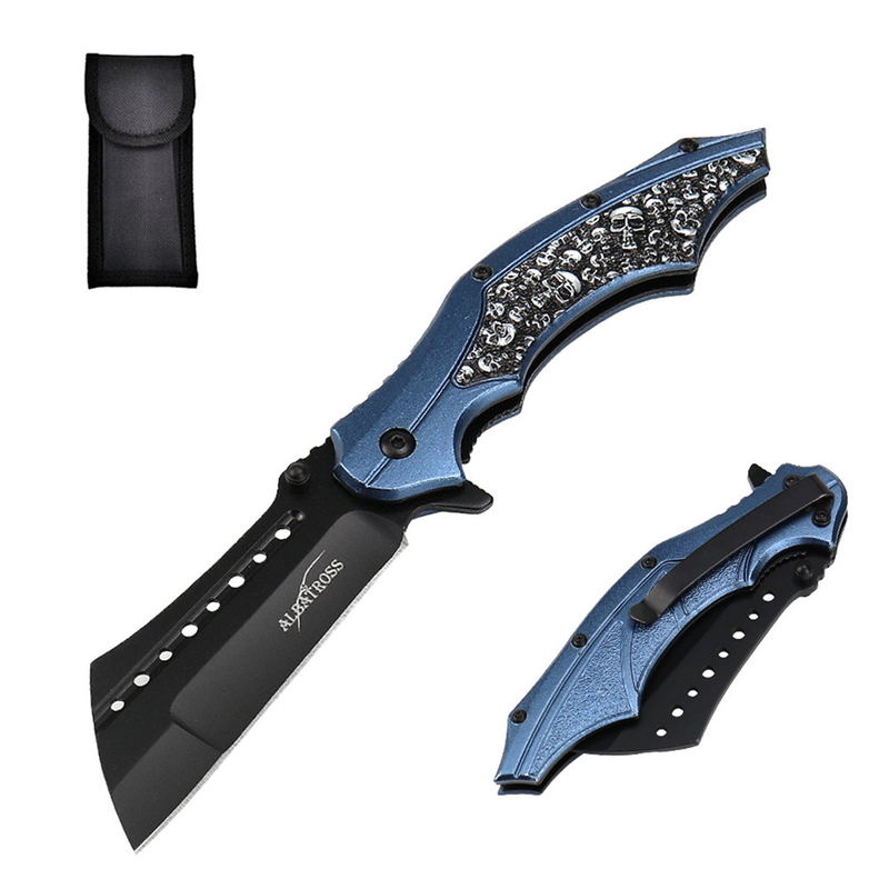 ALBATROSS FK006-BE Folding Pocket Knife, 3" Black Blade, 4.75" Aluminum Handle with the skull pattern, Liner Lock