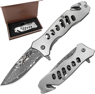 ALBATROSS FK003 Gray EDC Damascus Steel Tactical Folding Pocket Knife,SpeedSafe Spring Assisted Opening Knifes with Liner Lock,Pocketclip,Glass Breaker,Seatbelt Cutter