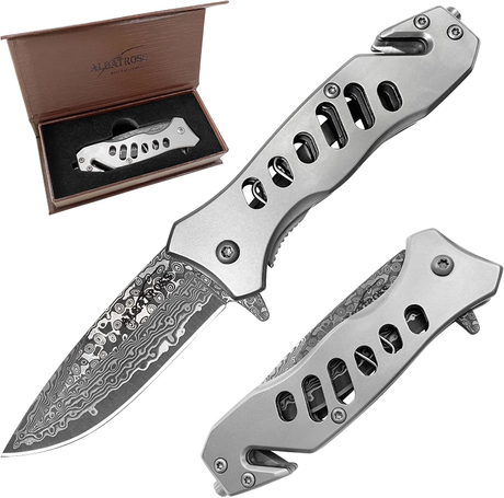 ALBATROSS FK003 Gray EDC Damascus Steel Tactical Folding Pocket Knife,SpeedSafe Spring Assisted Opening Knifes with Liner Lock,Pocketclip,Glass Breaker,Seatbelt Cutter