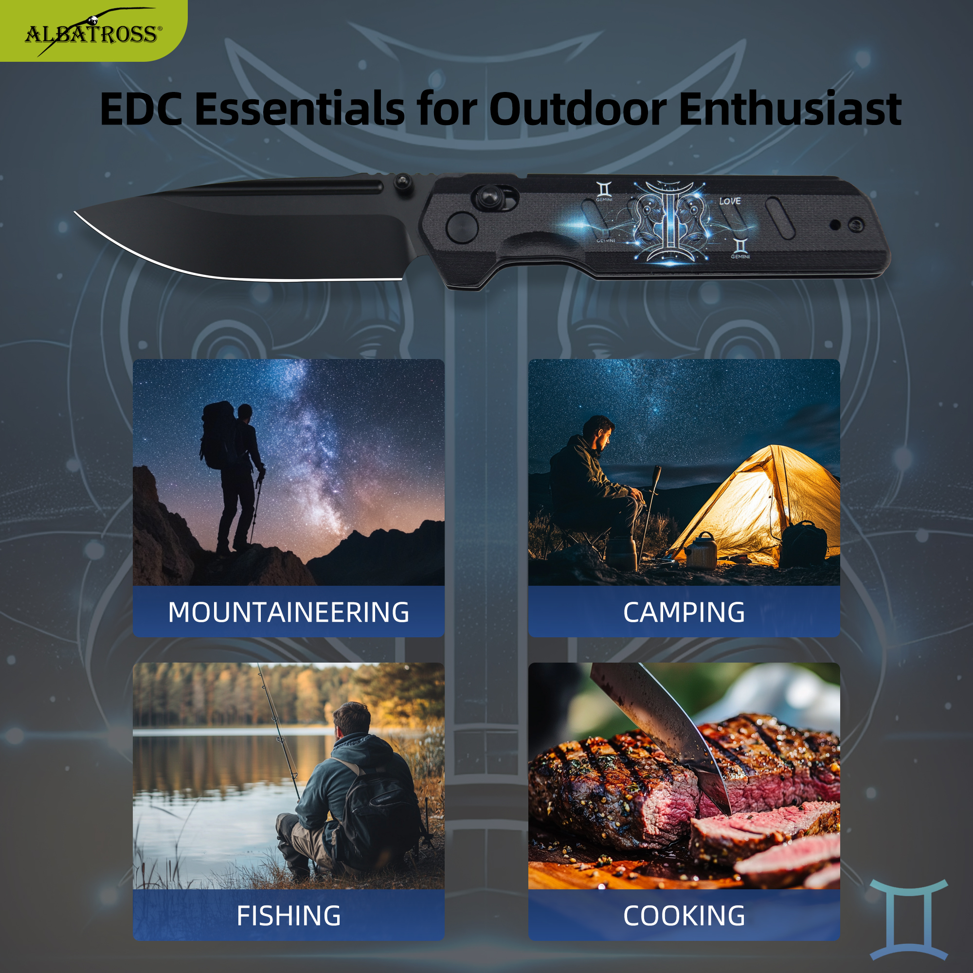 ALBATROSS Gemini VG10 Steel Pocket Folding Knife - 4.3" G10 Handle, Axis Lock, EDC Camping Hunting, Zodiac Collection Gift