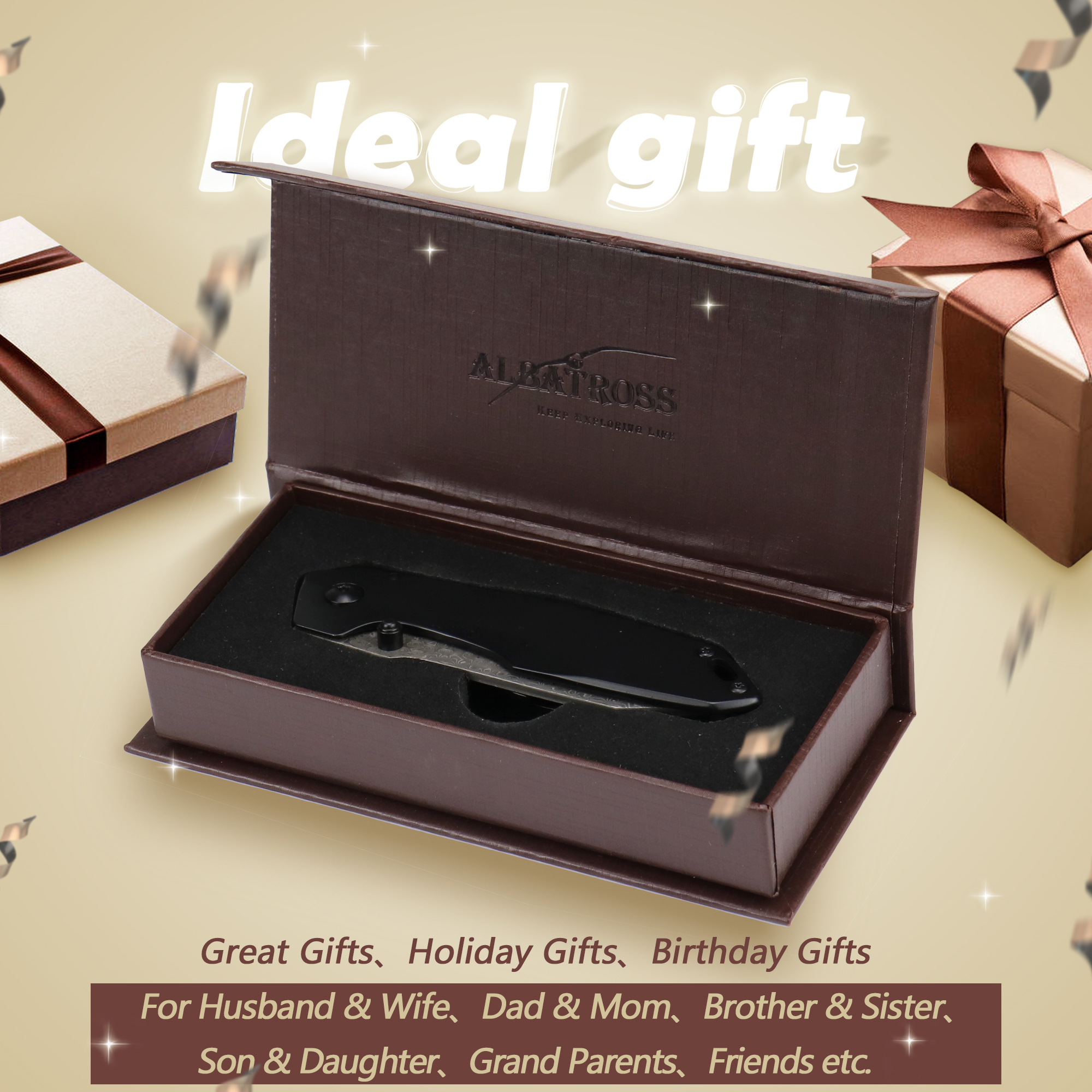 ALBATROSS 7'' HGDK027 VG10 Damascus Steel Folding Pocket Knife with Retro Blackwash Handle, EDC Knife with Liner Lock