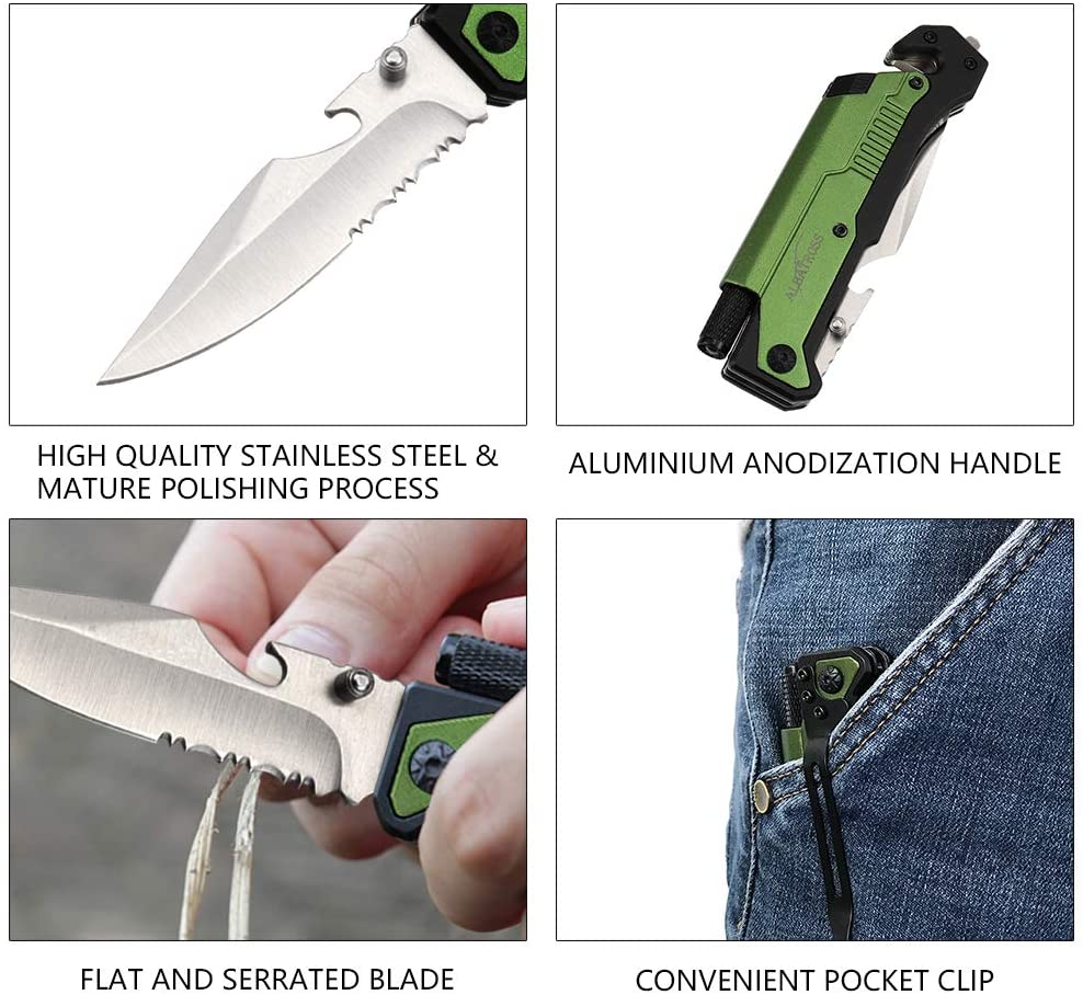 ALBATROSS 6-in-1 Survival Tactical Folding Pocket Knife with LED Light, Seatbelt Cutter, Glass Breaker, and Fire Starter (GREEN-SA)