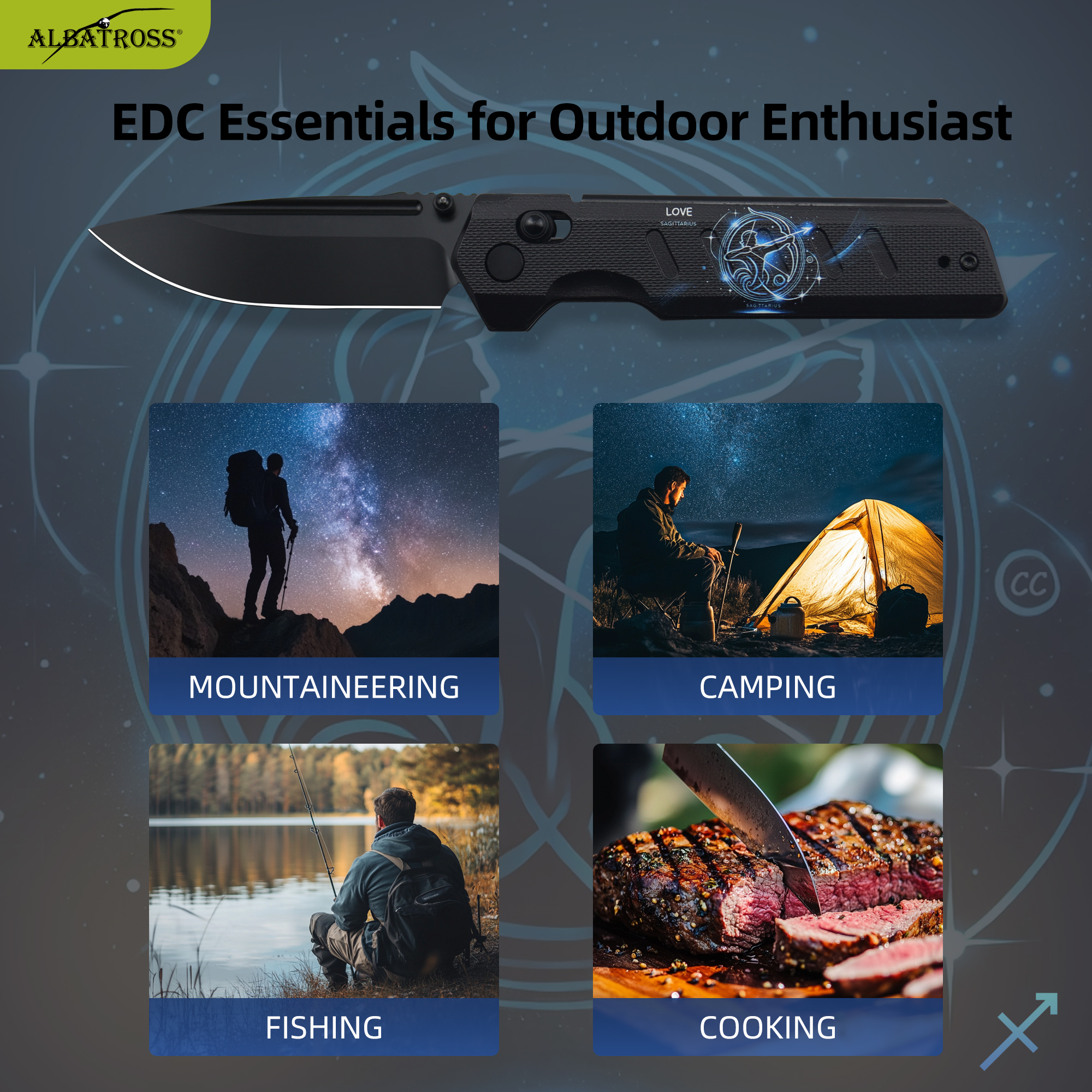 ALBATROSS Sagittarius VG10 Steel Pocket Folding Knife - 4.3" G10 Handle, Axis Lock, EDC Camping Hunting, Zodiac Collection Gift